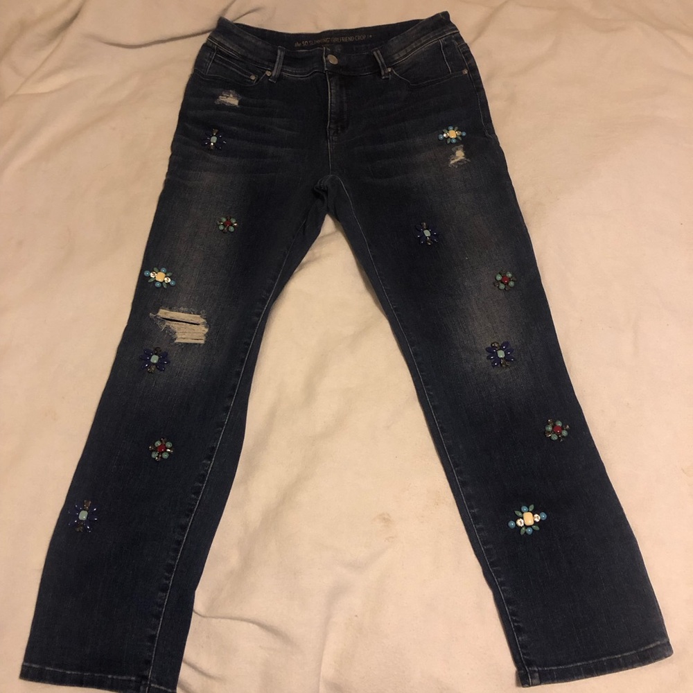 Chico's Dark Blue Embellished Straight Leg Jeans